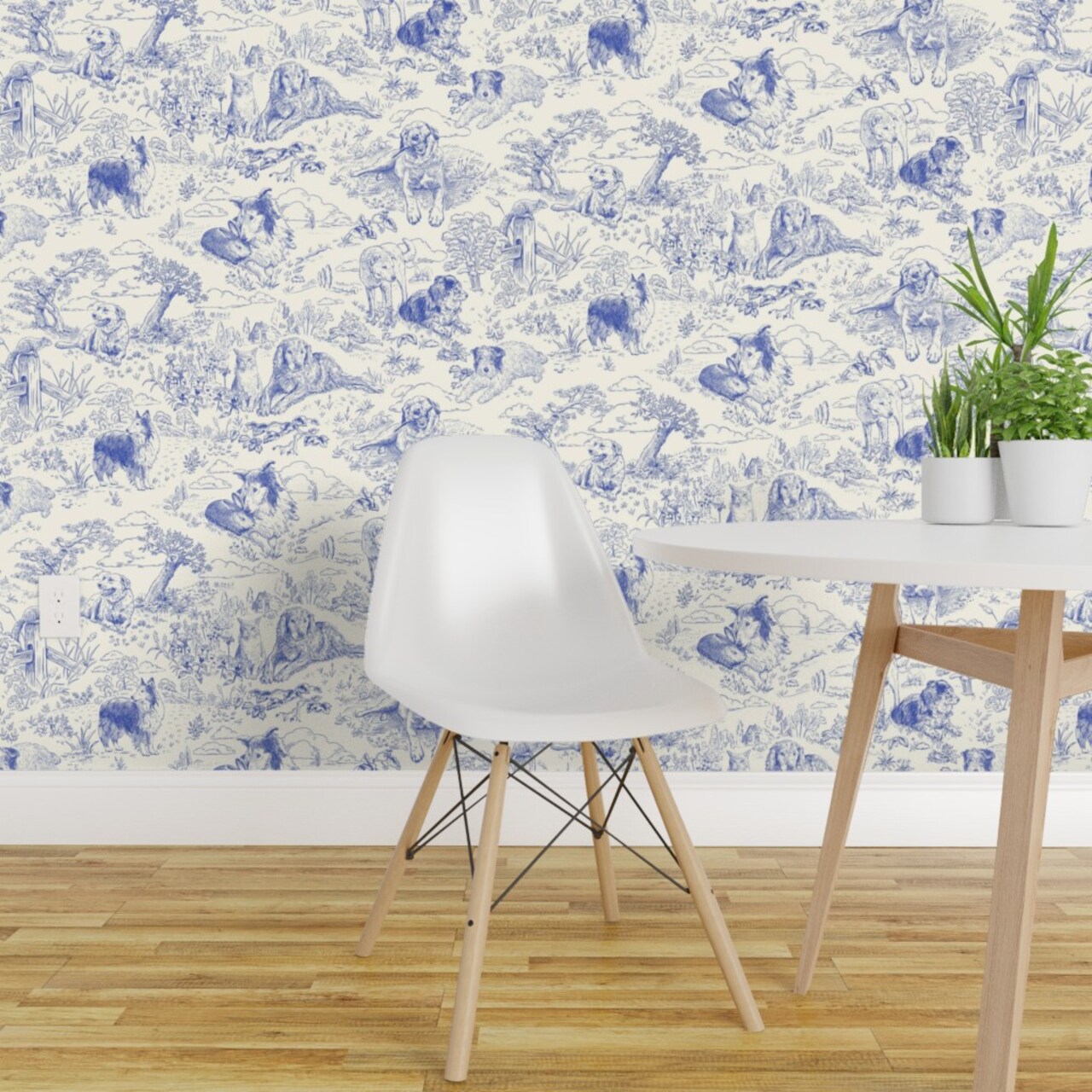 Pre-Pasted Wallpaper 2FT Wide Blue Toile Country Style Hand Drawn Landscape Traditional Collie Toil Ecru Sheep Dog Australian Shepherd Shetland Custom Pre-pasted Wallpaper by Spoonflower